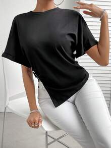 SHEIN Essnce Chất rắn Viền không đối xứng Áo thun - màu đen - Xem 3