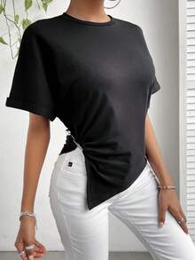 SHEIN Essnce Chất rắn Viền không đối xứng Áo thun - màu đen - Xem 4