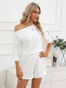 SHEIN Essnce Chất rắn Cổ không đối xứng Áo thun & quần đùi - trắng - Xem 6