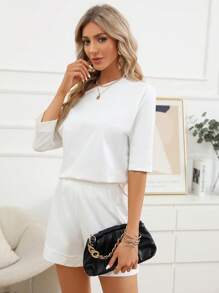 SHEIN Essnce Chất rắn Cổ không đối xứng Áo thun & quần đùi - trắng - Xem 4