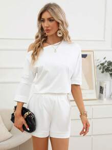 SHEIN Essnce Chất rắn Cổ không đối xứng Áo thun & quần đùi - trắng - Xem 5