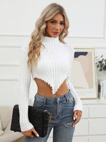 SHEIN Essnce Solid Asymmetrical Hem Crop Sweater - White - View 3