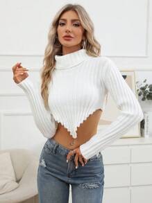 SHEIN Essnce Solid Asymmetrical Hem Crop Sweater - White - View 6