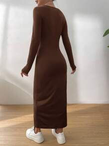 SHEIN Essnce 素色條紋針織緊身連衣裙 - 咖啡棕 - 查看 2