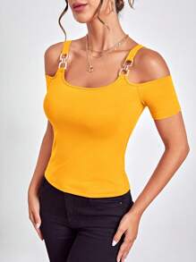 SHEIN Privé 鏈條細節挖肩T恤 - 黃色 - 查看 6