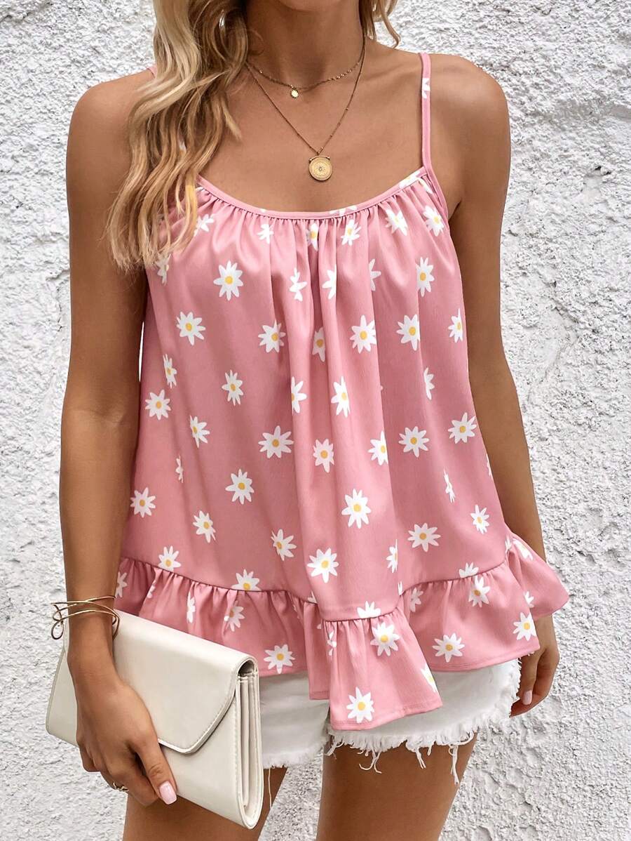 SHEIN LUNE Top de tirantes con estampado floral bajo con fruncido - Rosa - Ver 1