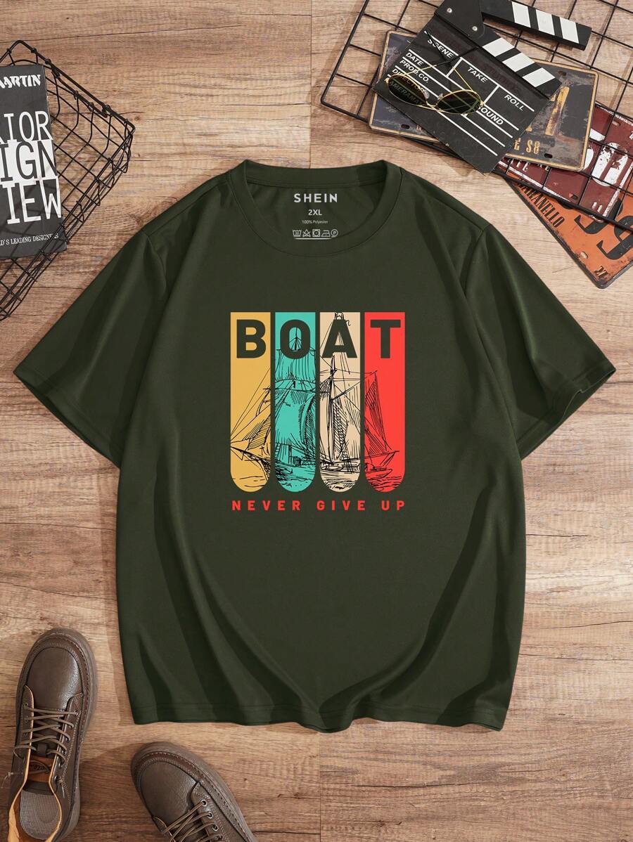 Nam Plus Giày dép Và Đồ họa Chữ cái Áo thun - xanh quân đội - Xem 1