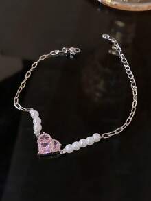 ROMWE 1入組時尚銅合金水鑽愛心和人造珍珠裝飾手環適合女士日常裝飾 - 粉色 - 查看 2