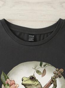 SHEIN LUNE Con ếch & In hoa Áo thun - Màu xám đen - Xem 3