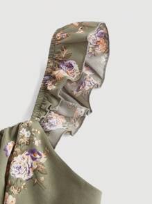 SHEIN MOD 印花前繫帶荷葉邊上衣 - 軍綠色 - 查看 4