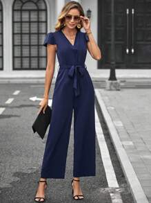 SHEIN Clasi Solid Belted Wide Leg Jumpsuit - Navy Blue - View 4
