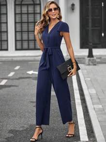 SHEIN Clasi Solid Belted Wide Leg Jumpsuit - Navy Blue - View 7