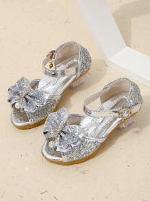 Children's Silver Rhinestone & Pearl Bowknot Decor Ankle Strap High Heels Sandals - Silver - View 1