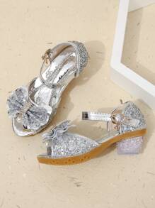 Children's Silver Rhinestone & Pearl Bowknot Decor Ankle Strap High Heels Sandals - Silver - View 2
