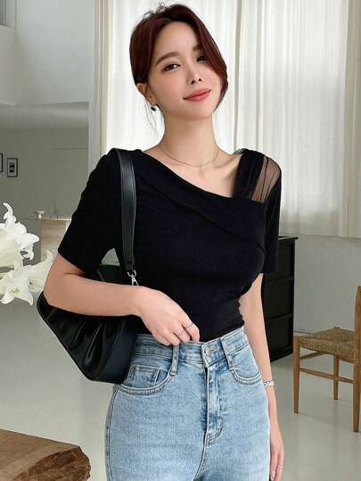 DAZY Contrast Mesh Asymmetrical Neck Tee Going Out Tops