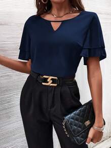 SHEIN VCAY 鎖眼領蝴蝶袖襯衫 - 藏蓝色 - 查看 1