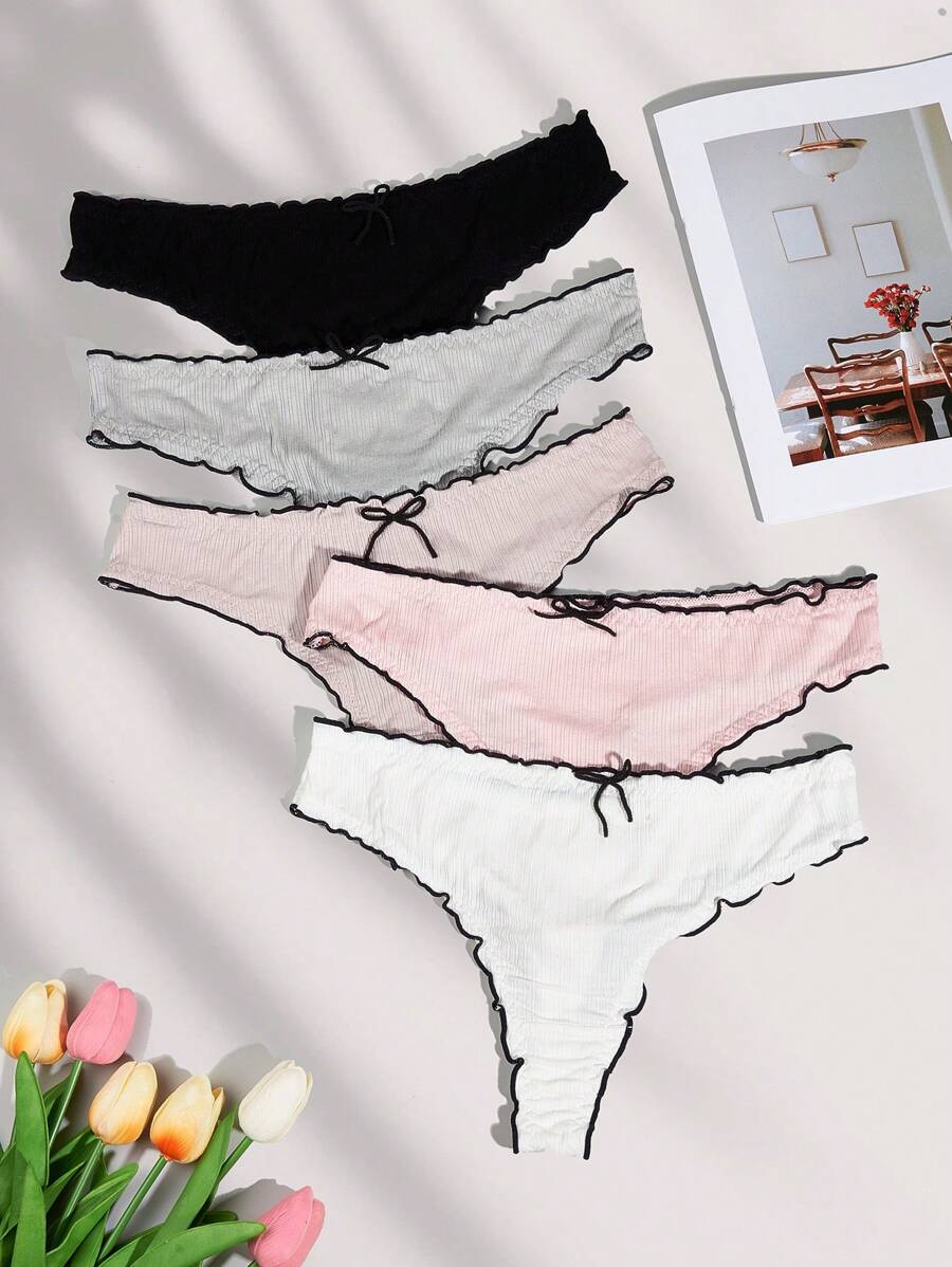 Plus 5pack Lettuce Trim Bow Front Panty - Multicolor - View 1