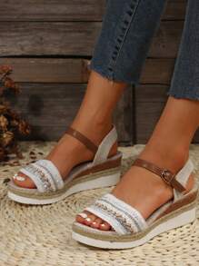 夏天女性休閒海灘風格坡跟涼鞋 - 白色 - 查看 6