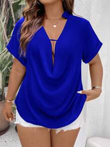 SHEIN Clasi Plus Draped Front Cut Out Satin Blouse - Royal Blue - View 1
