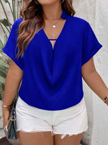 SHEIN Clasi Plus Draped Front Cut Out Satin Blouse - Royal Blue - View 3