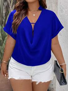 SHEIN Clasi Plus Draped Front Cut Out Satin Blouse - Royal Blue - View 4