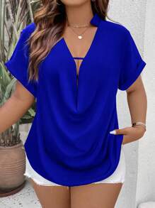 SHEIN Clasi Plus Draped Front Cut Out Satin Blouse - Royal Blue - View 5