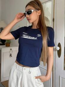 DAZY Letter Graphic Crop Tee - Navy Blue - View 1