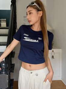 DAZY Letter Graphic Crop Tee - Navy Blue - View 5