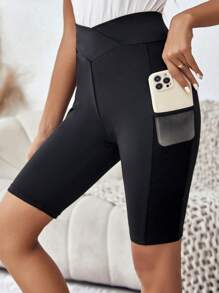 SHEIN LUNE Wideband Waist Biker Shorts With Phone Pocket - Black - View 2