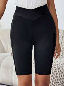 SHEIN LUNE Wideband Waist Biker Shorts With Phone Pocket - Black - View 4