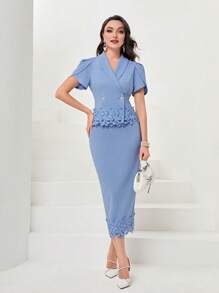 Modelyn Shawl Collar Petal Sleeve Guipure Lace Applique Trim Blouse & Skirt - Blue - View 3