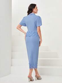 Modelyn Shawl Collar Petal Sleeve Guipure Lace Applique Trim Blouse & Skirt - Blue - View 2