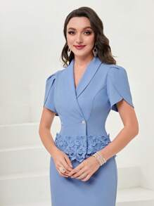 Modelyn Shawl Collar Petal Sleeve Guipure Lace Applique Trim Blouse & Skirt - Blue - View 4