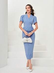 Modelyn Shawl Collar Petal Sleeve Guipure Lace Applique Trim Blouse & Skirt - Blue - View 5