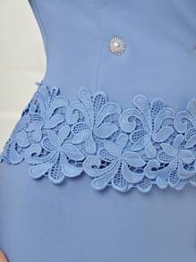 Modelyn Shawl Collar Petal Sleeve Guipure Lace Applique Trim Blouse & Skirt - Blue - View 7