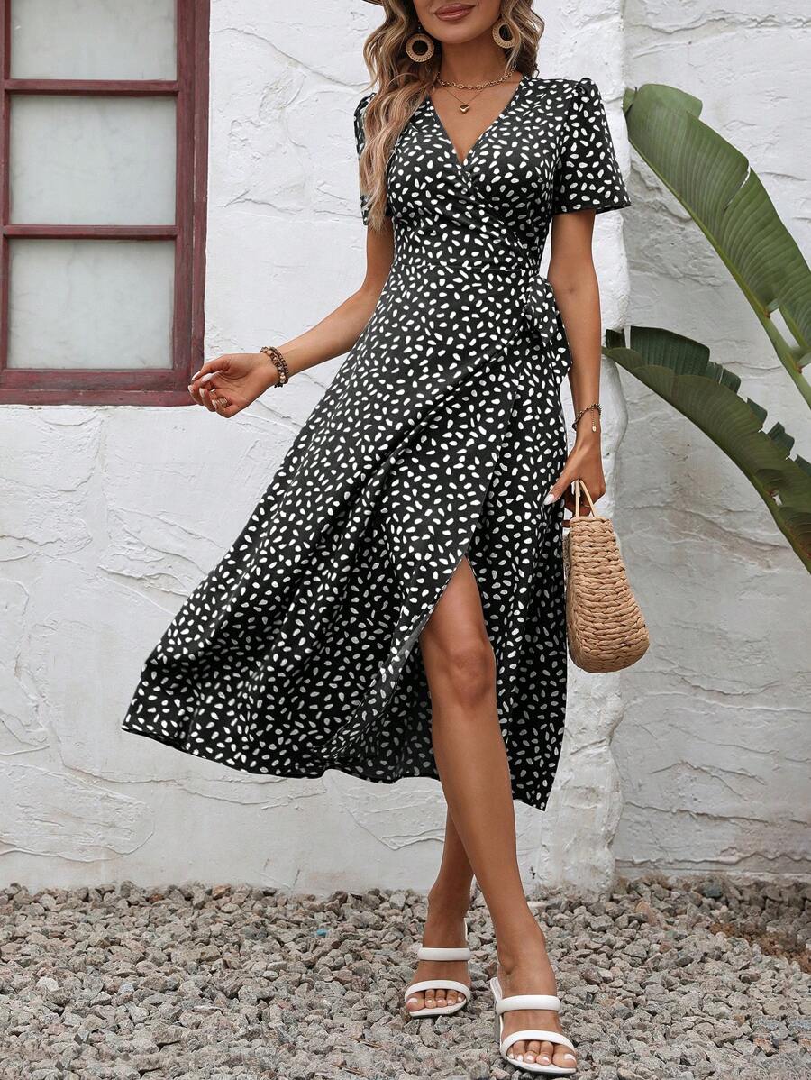 SHEIN VCAY Dalmatian Print Knot Side Wrap Dress - Black - View 1