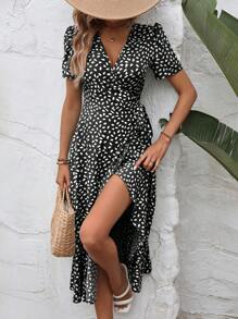 SHEIN VCAY Dalmatian Print Knot Side Wrap Dress - Black - View 4