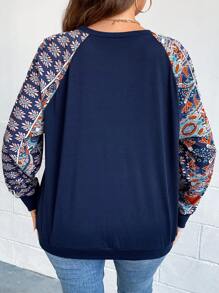 SHEIN LUNE Hơn In hoa Paisley Tay Raglan Áo nỉ - Màu xanh hải quân - Xem 2