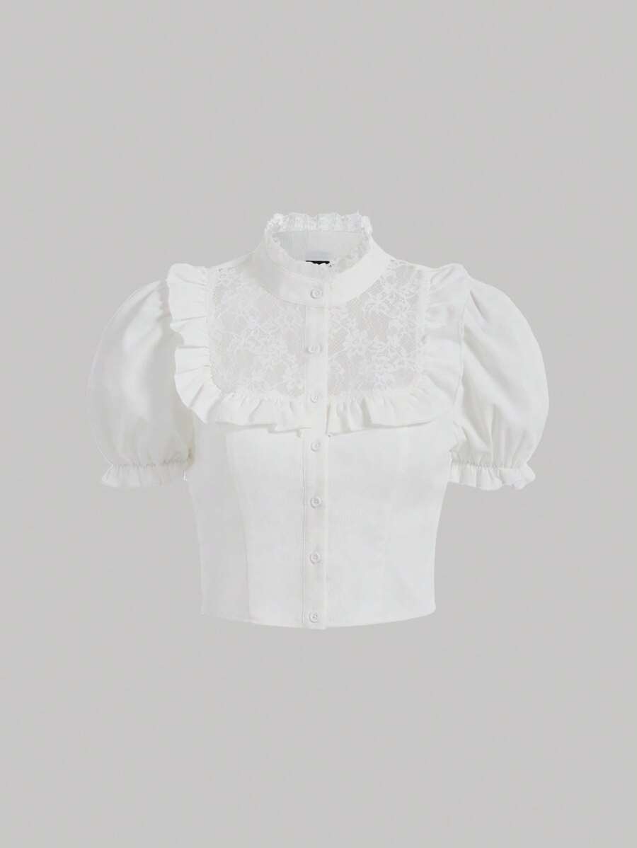 SHEIN MOD Contrast Lace Ruffle Trim Puff Sleeve Shirt - White - View 1