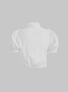 SHEIN MOD Contrast Lace Ruffle Trim Puff Sleeve Shirt - White - View 2