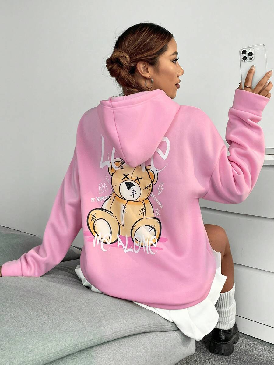 SHEIN Unity Bear & Letter Graphic Drop Shoulder Drawstring Thermal Lined Hoodie - Pink - View 1
