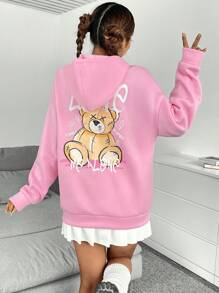 SHEIN Unity Bear & Letter Graphic Drop Shoulder Drawstring Thermal Lined Hoodie - Pink - View 4