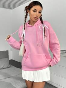 SHEIN Unity Bear & Letter Graphic Drop Shoulder Drawstring Thermal Lined Hoodie - Pink - View 6