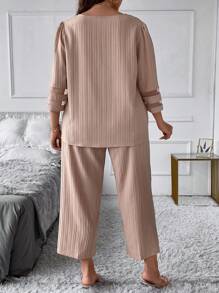 SHEIN LUNE Hơn Chất rắn Áo sơ mi & Eo dây rút Quần - Màu Khaki - Xem 2