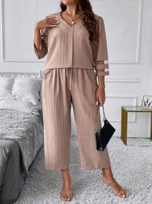 SHEIN LUNE Hơn Chất rắn Áo sơ mi & Eo dây rút Quần - Màu Khaki - Xem 3