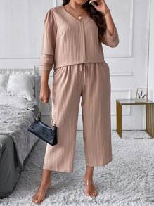 SHEIN LUNE Hơn Chất rắn Áo sơ mi & Eo dây rút Quần - Màu Khaki - Xem 4