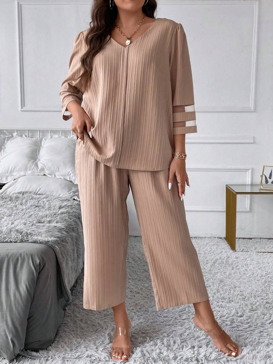 SHEIN LUNE Hơn Chất rắn Áo sơ mi & Eo dây rút Quần - Màu Khaki - Xem 1