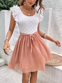 SHEIN Frenchy 網眼刺繡荷葉邊繫腰帶洋裝 - 彩色 - 查看 5