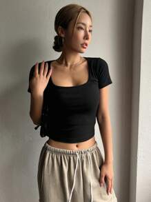 DAZY 方领罗纹针织短款T恤学院风上衣 - 黑色 - 查看 3