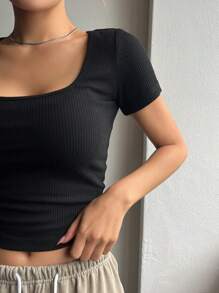 DAZY 方领罗纹针织短款T恤学院风上衣 - 黑色 - 查看 4